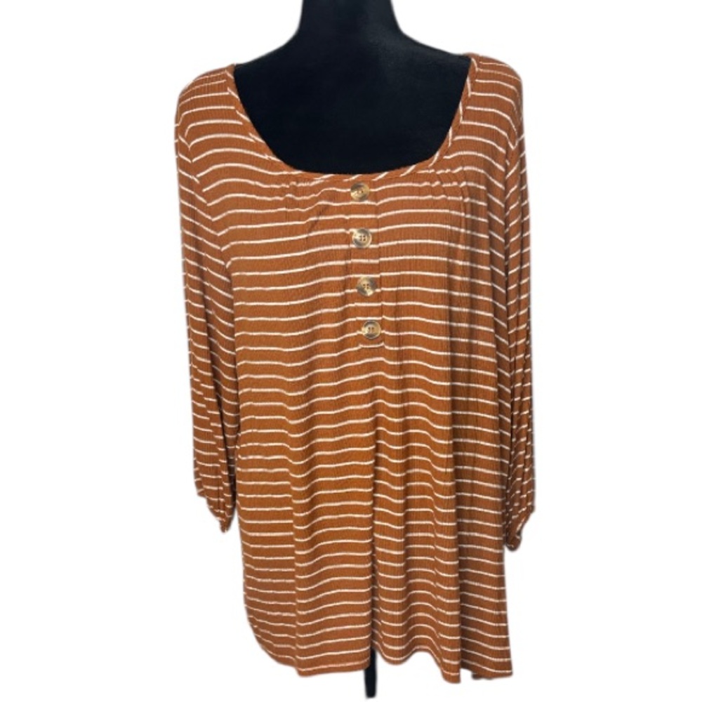 French Laundry - Striped Brown & White Ribbed Top - Size 2X